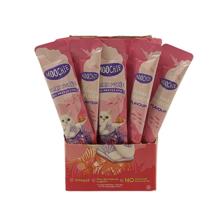 Moochie Ton Balıklı ve Somonlu Sıvı Kedi Ödül Maması 30x15g
