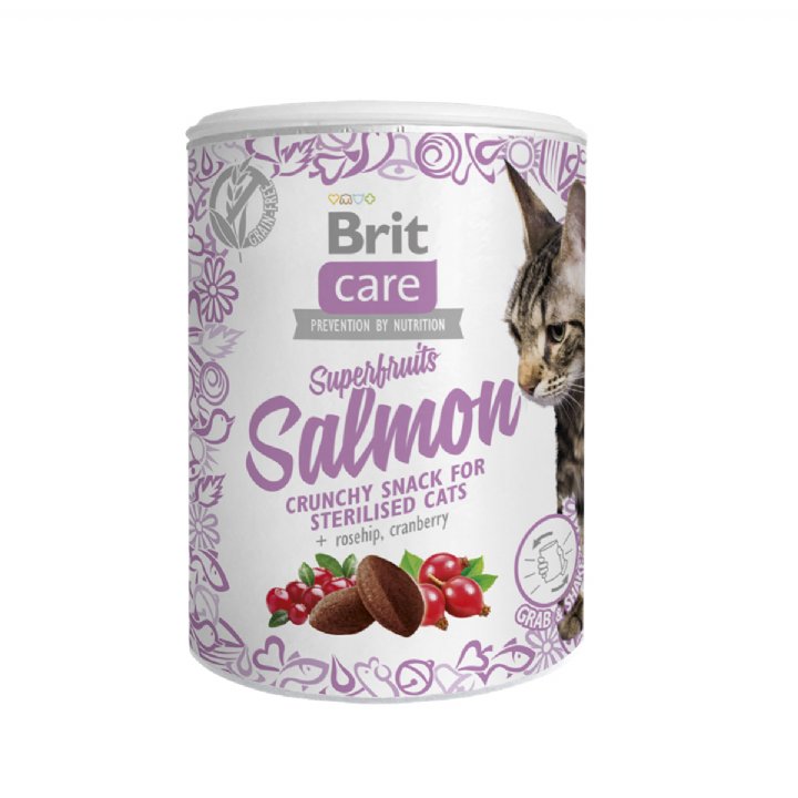 Brit Care Somonlu - Kızılcıklı ve Kuşburnulu Superfruits Kısırlaştırılmış Kedi Ödül Maması 100g